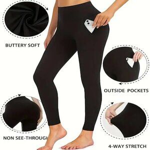 Women Yoga Leggings w/Pockets High Waist Tummy Control Black S/M